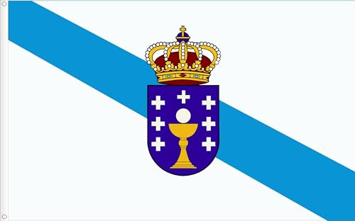BANDERA DE GALICIA CON ESCUDO. CALIDAD RASO PREMIUM 120D. TAMAÑO GRANDE 150X90 CM