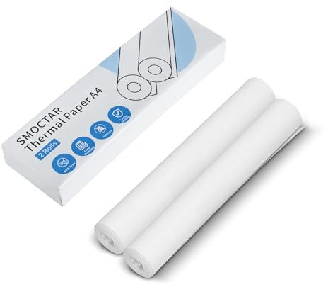 SMOCTAR Thermopapier, A4, Thermodruckerpapier, kompatibel mit tragbaren Druckern für Reisen, Zuhause, Foto, Rechnung, Vertrag, 30 Blatt/Rolle, 210 x 297 mm (2 Rollen)
