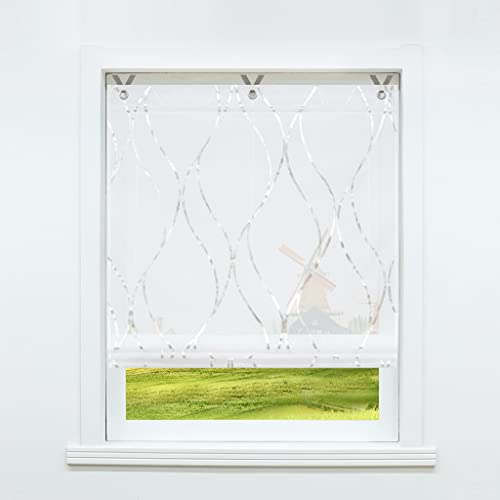 CORLIF Raffrollo mit Ösen Gardinen Küche Raffgardinen Transparent Ösenrollo Vorhänge Mit Wellen-Druck Modern Voile Silber BxH 120x130cm 1 Stück