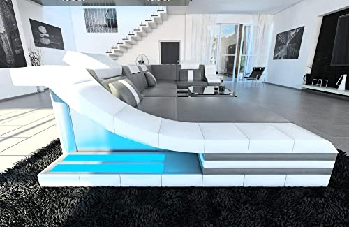 Sofa Dreams Wohnlandschaft Turino U Form Ledersofa - mit LED Beleuchtung, verstellbare Kopfstützen, Recamiere/Lederfarben wählbar/Ausrichtung wählbar (Ottomane Links, Grau-Weiß)