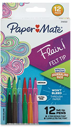 Paper Mate Flair Felt Tip Pen Set, Journaling Pack, Assorted Colors, Set of 12