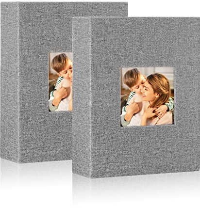 Lanpn Photo Albums 7x5 Pockets, Linen Slip in Top Loading Photo Album Holds 100 Portrait 13x18cm Pictures (Grey, 2 Packs)
