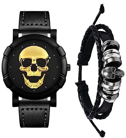 JewelryWe Juego de Pulsera Reloj Esqueleto, Reloj Redondo de Cuarzo Analógico, Pulsera Reloj Steampunk, Pulsera Reloj Hombre y Mujer, Regalo Halloween, 2 Piezas, Oro