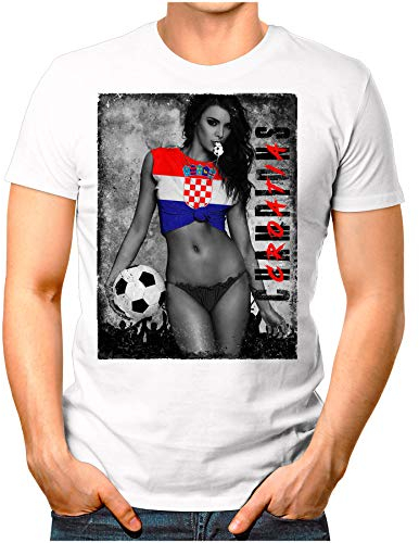 OM3 - Croatia-Champions - Herren T-Shirt mit Länderflagge Ländershirt Fan Sexy Girl Frau Fußball Trikot Kroatien Hrvatska Vintage Weiß M