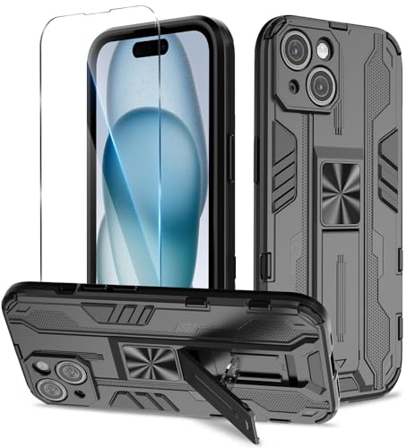 Btstring fodral för iPhone 15 och skärmskydd i härdat glas, stöttåligt telefonfodral med stativ, slitstarkt personligt fodral, stöd, magnetisk bilhållare, svart