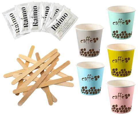 150 vasos de café de papel biodegradables de 75 ml, vasos de café blanco con gráficos desechables biocompostables desechables, con 150 paletas y 150 bolsitas de azúcar. Tazas fabricadas en Italia