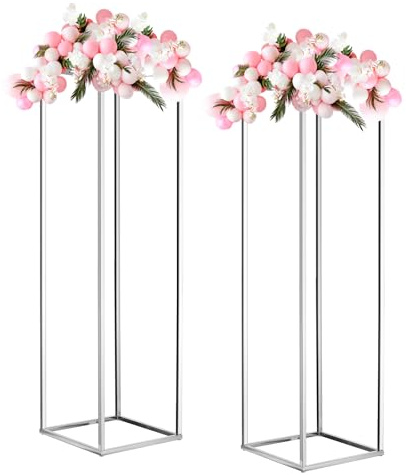 MECCANIXITY Wedding Flower Stand Vase Column, Metal Flower Stand 31.5 Inch Tall Flower Rack Silver Tone for Wedding Party Dinner Centerpiece Decorations, Pack of 2