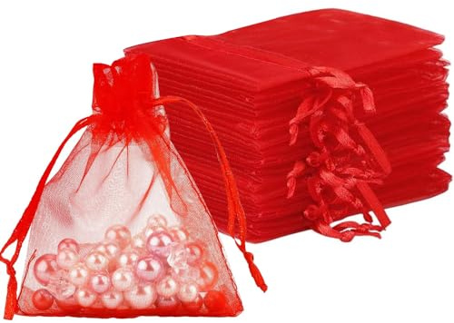 Organza Beutel mit Kordelzug, 50 Stück 17 × 23 cm Geschenk Hochzeit Säckchen, Organza Geschenk Schmuckbeutel, Bonbonsbeutel für Hochzeit Oder Fest Party(Weinrot)