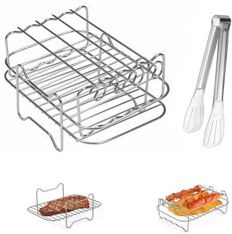 Gitter Für Heißluftfritteuse, Grillrost Und Dämpfen Rack, Heißluftfritteuse Grillrost, Zwei Schichten Mit 4 Grillstäbchen, 1 Lebensmittel-Clips, Für Kochen, Dämpfen, Backen, Für Heißluftfritteusen