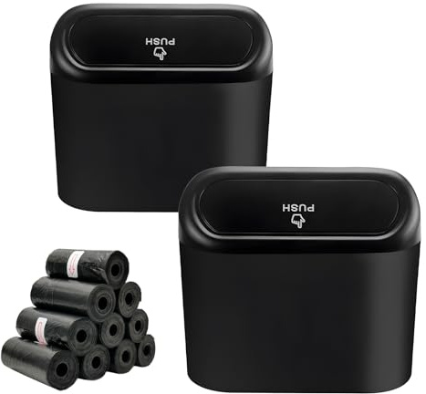 2Pcs Mini Car Trash Can Bin with Lid & 150pcs Trash Bags Vehicle Trash Can | Black 1.4L Plastic Car Garbage Trash Can Storage with Push-Open Lid for Front Back Seat Accessories for Office Home Kitchen