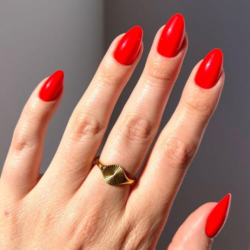 Glamnetic Press On Nails - Fiery Red | Opaque Bright Red Short Almond Fake Nails, Reusable | 15 Sizes - 30 Nail Kit