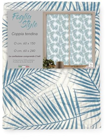 Tex family Coppia TENDINA a vetro FOGLIA STYLE BLU larga cm. 60 da Finestra e da Porta - COPPIA (2 TELI) CM. 60X150