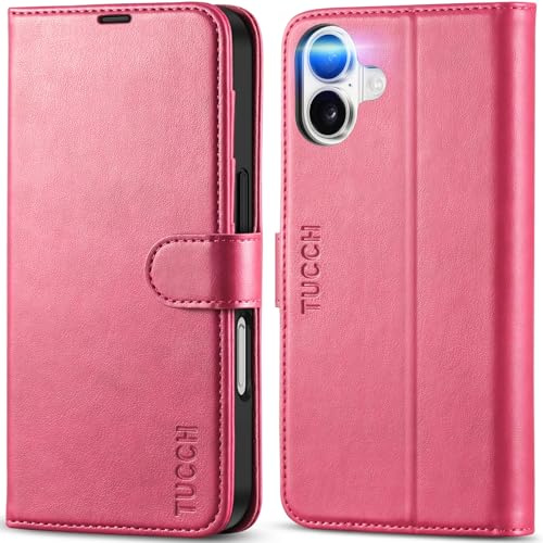 TUCCH Custodia per iPhone 16 Pelle Sintetica TPU, Rosa Vif | Antiurto, Stand, Blocco RFID, Portafoglio Slot Schede, Cover a Libro