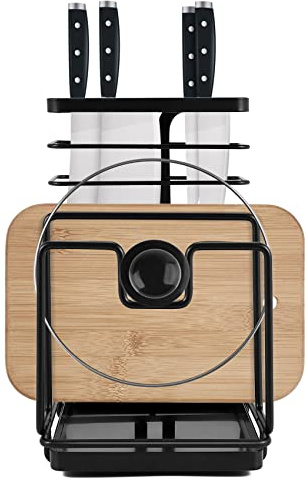 Ronlok Knife Block & Cutting Board Holder, Metal Board Holder Kitchen Pot Organizer, Drying Rack with Drainage Set, Knife Block Black, Cooling Racks, Cutting Board Stand Kitchen for Countertop