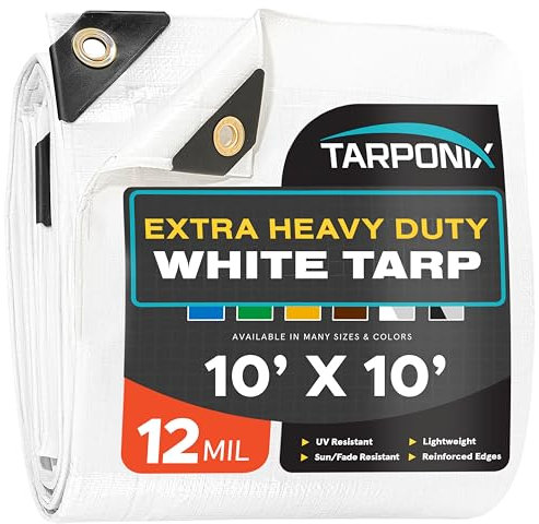 Tarponix Extra strapazierfähige, weiße Polyplane, 3 m x 3 m, 12 mm dickes, wasserdichtes, UV-beständiges Polyethylen mit verstärkten Kanten, doppelt genähten Säumen und rostfreien Ösen