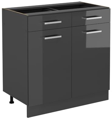 Vicco Küchenunterschrank R-Line, Anthrazit Hochglanz, 80 cm | 2 Schubladen · Ohne Arbeitsplatte · Höhenverstellbare Füße · 2 Türen · ✓ Leichter Zugriff