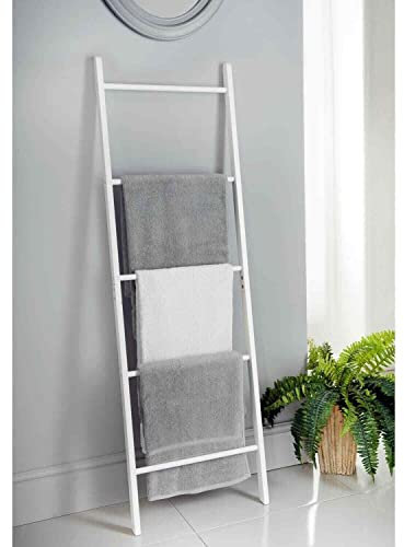 Homme Concept White Wooden Towel Ladder – 5 Rung Freestanding Clothes Airer, Decorative Bathroom & Bedroom Storage Rack for Towels, Clothes & Blankets