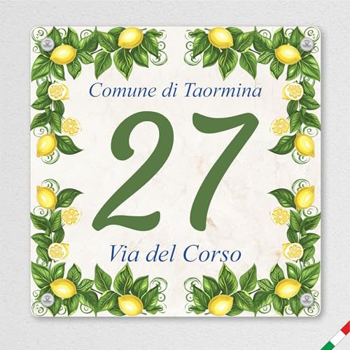 Pubblimania NUMERO CIVICO personalizzato Stile Maiolica modello Sorrento in alluminio rinforzato stampato (Tema Limoni)