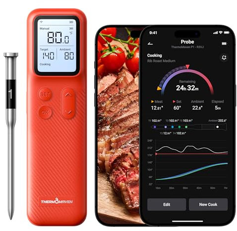 ThermoMaven Bluetooth Wireless Meat Thermometer - 1 Probe IPX8 Waterproof 6 Sensors, 152m Bluetooth 5.3, Stable WiFi Unlimited Range, Smart Standalone Base for BBQ Grill Oven Smoker Air Fryer Kitchen