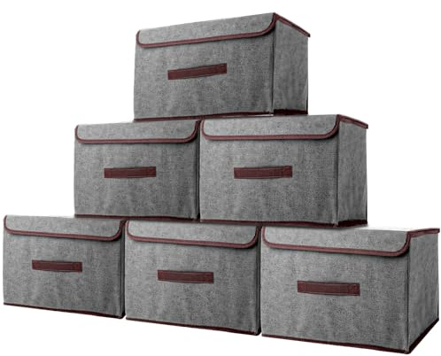 YAYODS 6 Stück Aufbewahrungsbox Stoff - 36x23x24cm Boxen mit Deckel Aufbewahrung - Boxen Aufbewahrung Faltbare Grau für Kleidung, Socken, Schrank, Regal, Kleiderschrank