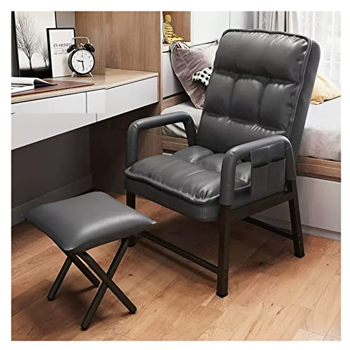 Ergonomiskt accentstol i läder med justerbart ryggstöd och ottoman med hög rygg liggande loungestol, bekväm fåtölj med tjock stoppning – grå perfekt för vardagsrum och kontor