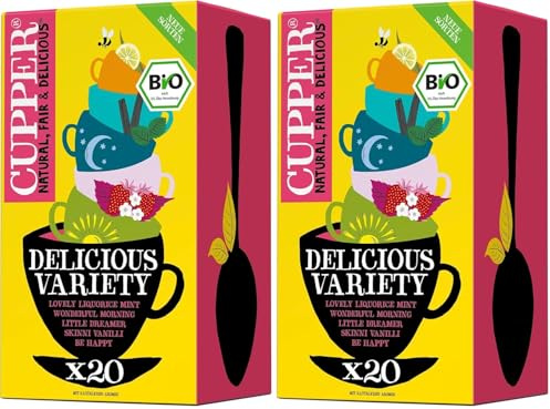 Cupper Bio Tee Set Delicious Variety, 20 verschiedene Sorten Kräutertee und Früchtetee, 20 ungebleichte Teebeutel (Packung mit 2)