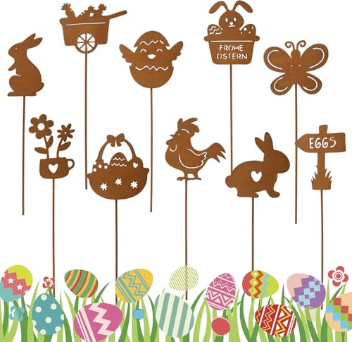YUE QIN 10 Stück Gartenstecker Gartendeko Rost Osterdeko Garten Draußen | Metall Outdoor Blumenstecker Rostdeko Ostern Deko Osterdekoration Frühling Oster Deko für Terrasse Balkon Blumentopf