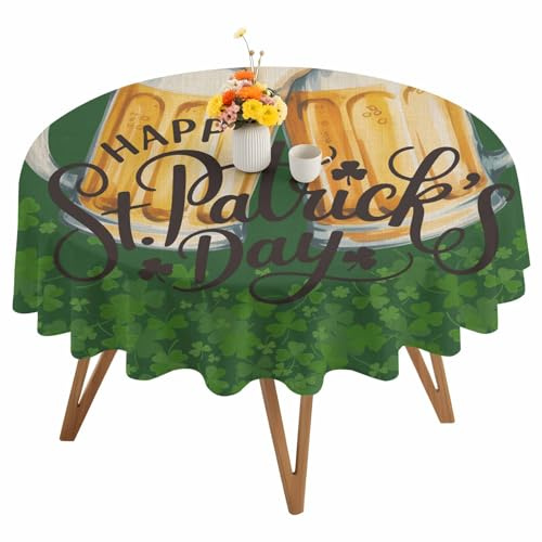 Liajuuhlgas St. Patrick's Day Round Tablecloth 54 Inch, Beer Shamrock Vintage Round Table Cloth Waterproof & Washable Table Cover Decorative Tablecloth for Kitchen Dining Picnic Camping Party