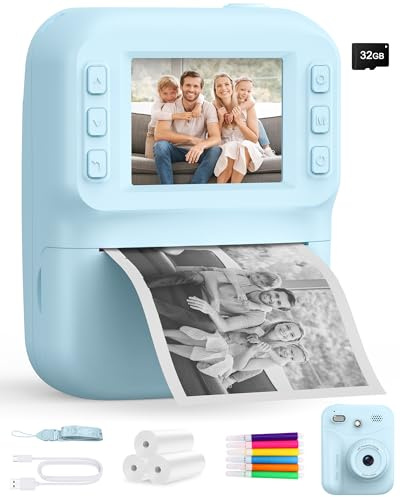 Teoryieer Sofortbildkamera Kinder 48MP,1080P Video,2,4 Zoll IPS (Blau) | Kinderkamera mit 32GB Karte & 3 Rollen Thermopapier, Geschenk für Mädchen Jungen 3-12 Jahre