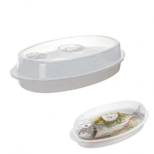 SUPVOX Plato de vapor de pescado para horno microondas con tapa, bandeja de vapor cubierta de conducción rápida para pescado entero, adecuada para cocina y comedor