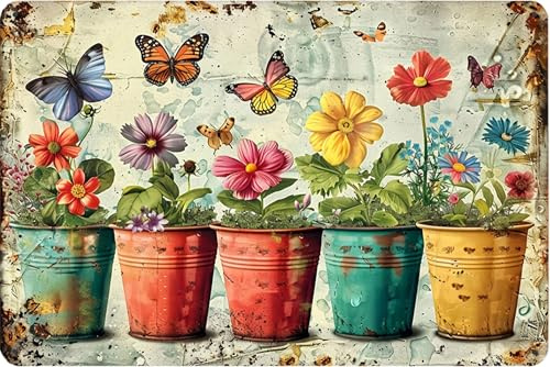 Retro Flower Metal Sign,Vintage Garden Tin Sign,for Home Greenhouse Yard Outdoor Cottage Bedroom Decor,Gardening Gifts 8X12 Inch (Rustic Pots & Butterfly Flowers)