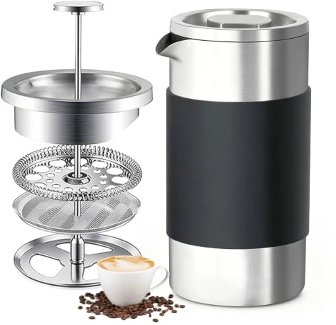 EQULIUS French Press 350 ml, kaffepress i rostfritt stål, 2–3 koppar kaffebryggare dubbelväggig termisk varmhållning resor fransk press kaffekanna för malet kaffe, camping resor