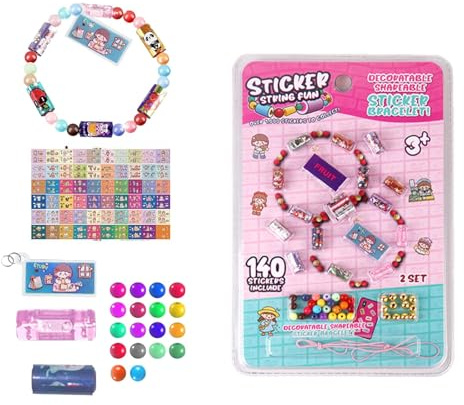 Sticker Bracelet Making Kit with 140 Stickers & Beads – DIY for Girls 6+ | Creative bracelet making kit with reusable stickers and beads for children aged 6-12, ideal for parties, rainy days,and gifts