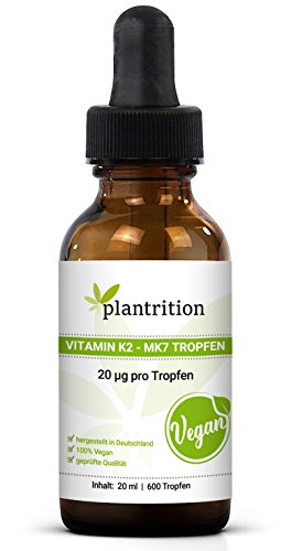 plantrition Vitamin K2 Mk7 Tropfen Vegan (100 µg pro Portion) 600 Tropfen Vitamin K2 Öl Natürliches Menaquinon MK-7 99% All-Trans (20ml) - Verpackung kann variieren