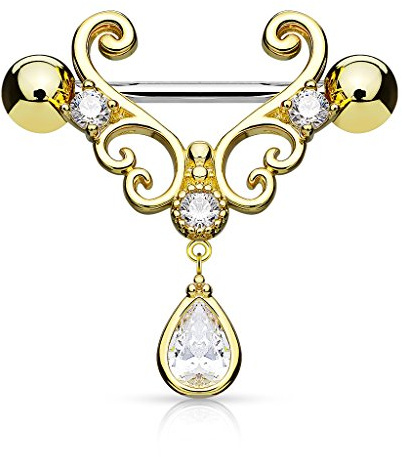Tata Gisèle Piercing Sein Téton Mamelon en Acier Chirurgical 316L et Oxyde de Zirconium - Coeur en Filigrane avec Goutte d'eau Suspendue -14 mm - (Doré)