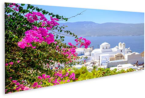 Bild Bilder auf Leinwand Landschaftsansicht des traditionellen griechischen kykladischen Dorfes mit Blumen im Vordergrund und selektivem Fokus, Plaka, Griechenland Wandbild, Poster, Leinwand