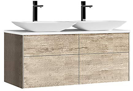 StoneArt Badmöbel Set Mineralguss Waschbecken Waschschale Aufsatzwaschbecken und Unterschrank Waschtisch Einzel- oder Doppelwaschbecken Venice VE-1200pro-1 Eiche hell 120cm