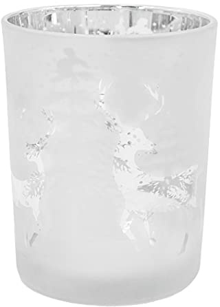 B2S BACK2SEASON Windlicht Hirsch mit Schnee und Tannen Glas Kerzenhalter Glaswindlicht Silber H=12,5cm D=10cm