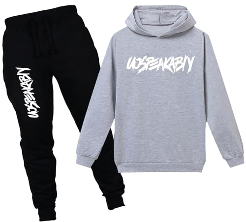 amropi Garçon Ensemble Pantalon et Haut Sweat à Capuche Enfants Casual Set (Gris Noir, 14-15 Ans)