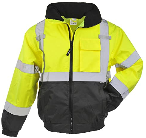 J. J. Keller & Associates, Inc. High Visibility Bomber Jacket, ANSI Class 3, Full-Zip, Vertical Reflective Tape, Lime, Large, SAFEGEAR