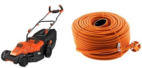 BLACK+DECKER Tondeuse Filaire 1600W, Tondeuse à Gazon Electrique 38 cm, 6 hauteurs réglables 20, 30, 40, 50, 60 et 70 mm & Zenitech - Prolongateur 16A HO5VV-F 2x1,5 Orange 50m