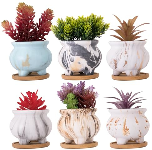 ARTKETTY Sukkulentententöpfe, 9,5 cm, kleine Sukkulenten-Pflanzgefäße mit Ablaufschale, Marmor-Blumentöpfe, Set mit 6 Keramiktöpfen für Zimmerpflanzen, Sukkulenten, Kaktus | Keramiktöpfe für den Innenbereich, Kakteen, Blumen, Pflanzen, dekorativer Garten, Zuhause, Büro