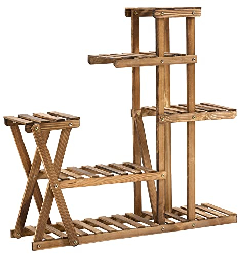 Outsunny Scaffale a fiori in legno supporti per vasi porta piante 6 ripiani - dim. 98 x 28 x 95 cm - Legno di abete trattato carbonizzazione per interni giardino, terrazza balcone