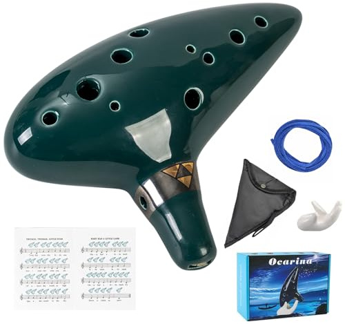 Mulucky Ocarina de arcilla natural de 12 agujeros con accesorios, caja de regalo de instrumentos musicales para principiantes, color verde oscuro