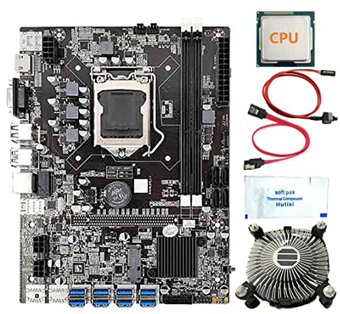Zunedhys B75 BTC Mining-Motherboard mit zufälliger CPU+Lüfter+Thermofett+-Schalterkabel, 8 USB3.0-Steckplätze, LGA1155, DDR3 RAM SATA3.0