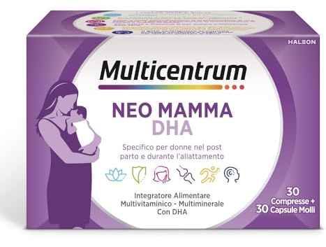 Multicentrum Neo Mamma DHA, Integratore Multivitaminico specifico per la donna dopo la gravidanza e durante l'allattamento, ricco di Acido Folico, Vitamina d, b12 e biotina, 30cpr +30 capsule molli