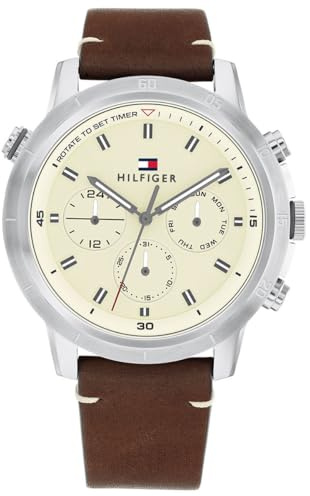 Tommy Hilfiger Reloj para Hombre de Piel marrón Oscuro con Esfera de pergamino - 1792102, Pergamino/marrón, Correa