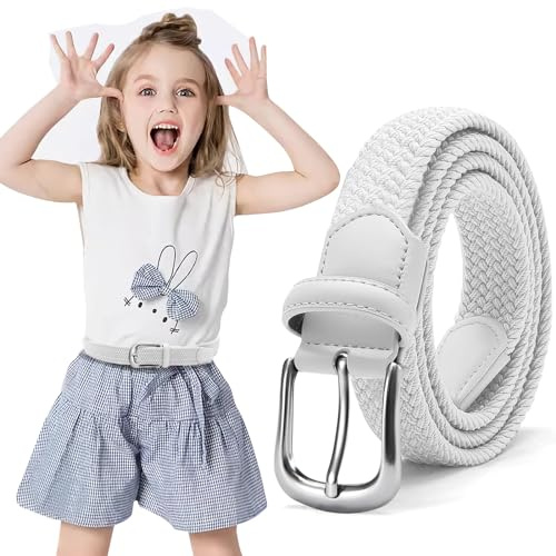 Kinder Gürtel Elastisch Elastischer Jungen Mädchen Ohne Schnalle 1 Stück, Stretch Gürtel Unisex Flechtgürtel Stretch Stoffgürtel Easy Clasp für Hosen Jeans (Weiß, 75cm Fit Taillengröße 51-60cm)