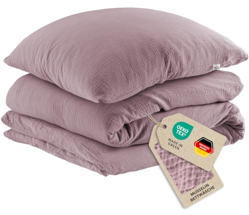 Pure Label Musselin Kinderbettwäsche 100x135 cm mit einem Kissenbezug 40x60 cm aus 100% Baumwolle - Traumhaft weiche, kuschelige Baby Bettwäsche in Mauve aus Musselin