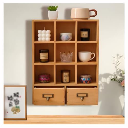 Zfmnoyev Tasse Halter Aufbewahrungsregal, Schrank Schrank Bücherregal, Teetasse Schrank, 9-Würfel Holz Display Regal mit 2 Schubladen, Wand montiert Kaffeetasse Halter